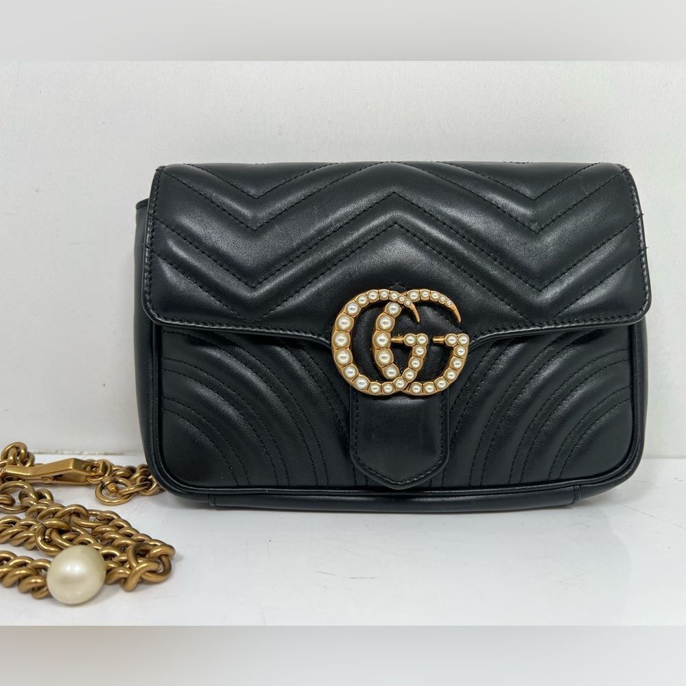 Gucci Off White Matelassé Leather GG Black Marmont Chain Belt Bag